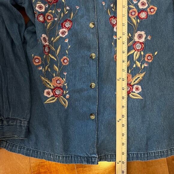 Vintage Floral Embroidered Cotton Country Denim Overshirt Button-Down Top, M - Picture 7 of 11